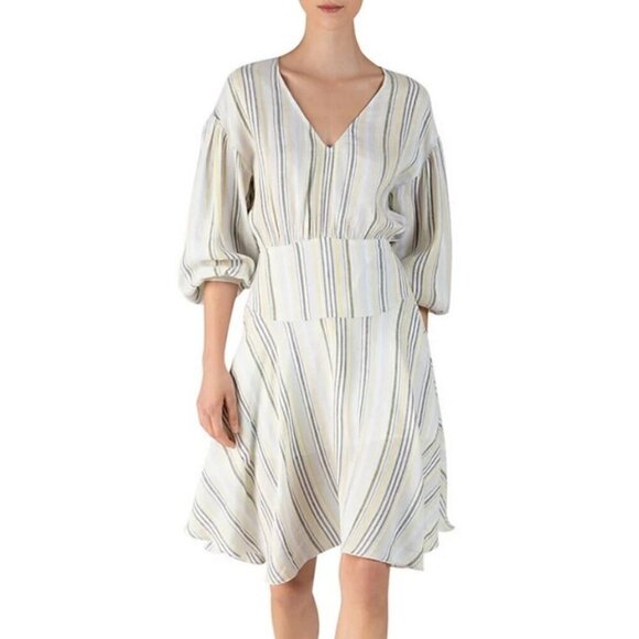 💕ATM💕 Asymmetric Striped Linen Viscose Blend Dress ~ Ivory Multi-Color Print 6 - Picture 7 of 15